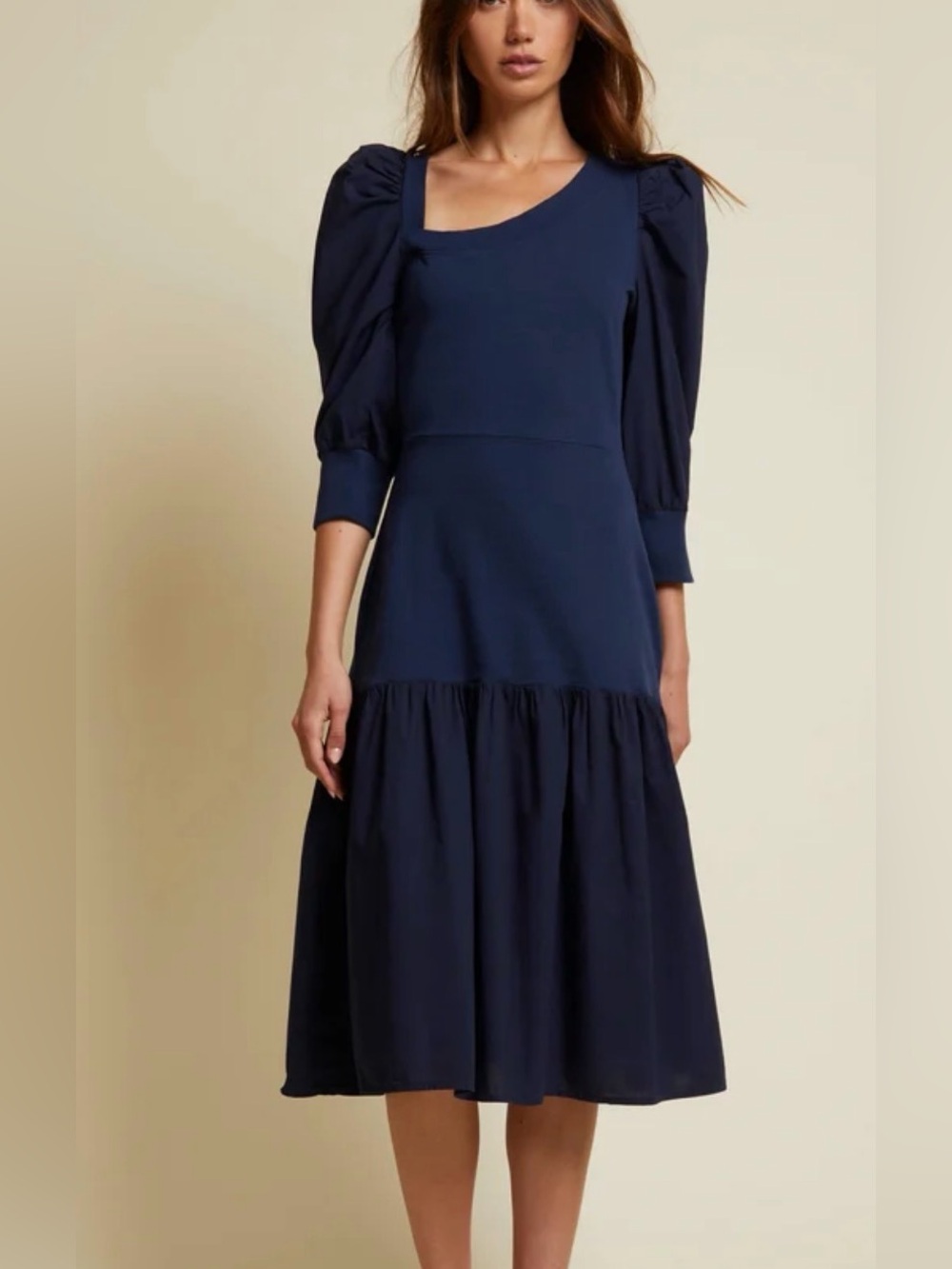 Nation LTD Catalina Asymmetric Combo Midi Dress Night Horizon Blue S